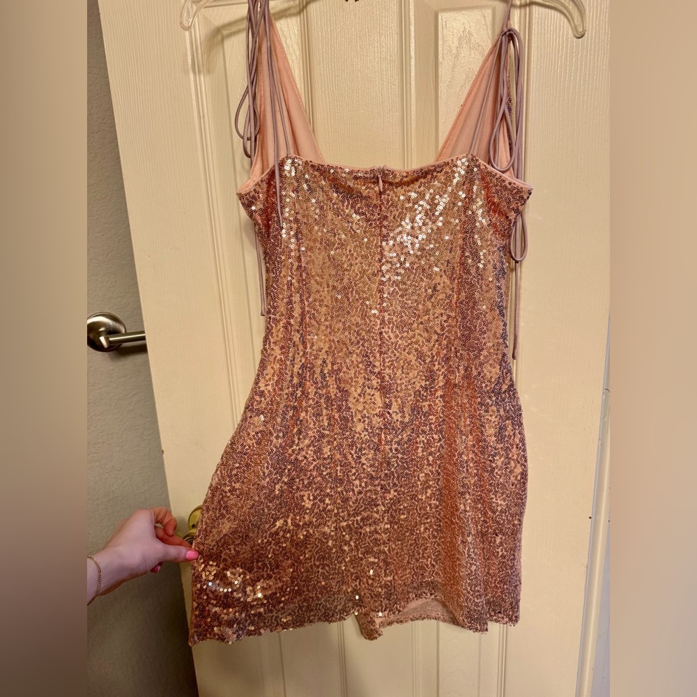 Surplice Neck Tie Shoulder Wrap Hem Sequins Dress - Picture 3 of 7